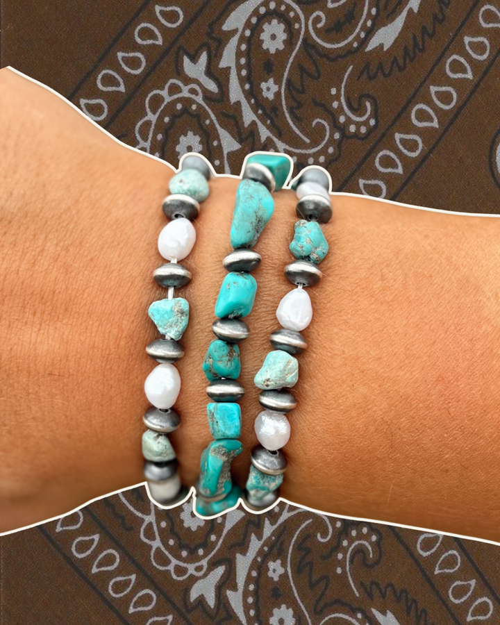 Turquoise + freshwater pearl stretch bracelets